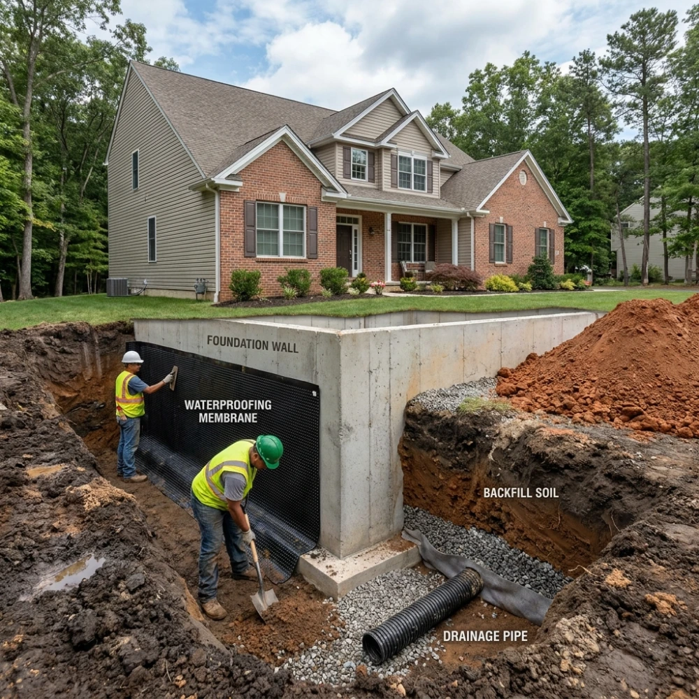 Exterior basement waterproofing with foundation excavation and membrane