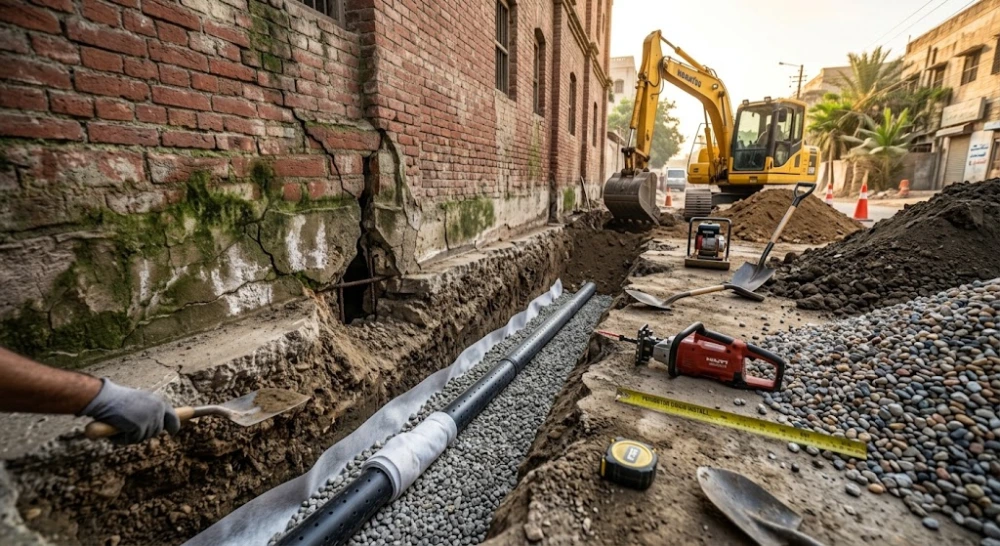 Exterior excavation down to the footing for a French drain and waterproofing membrane