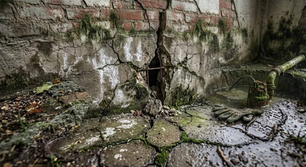 Crack in a foundation wall caused by hydrostatic pressure