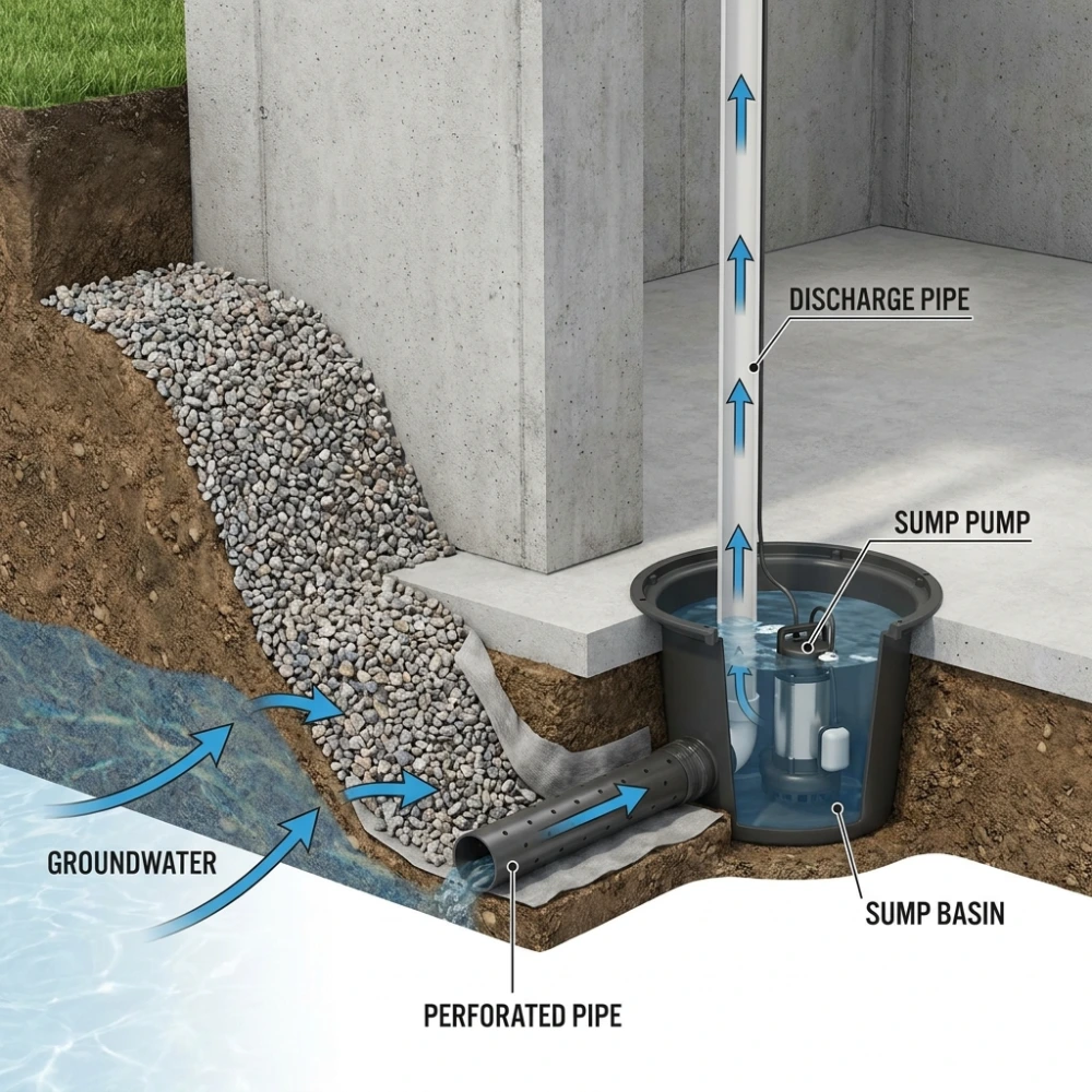 Basement French drain and sump pump drainage system