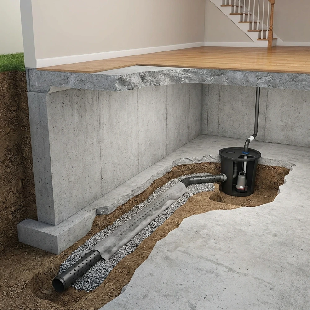 Interior basement waterproofing and perimeter drainage system