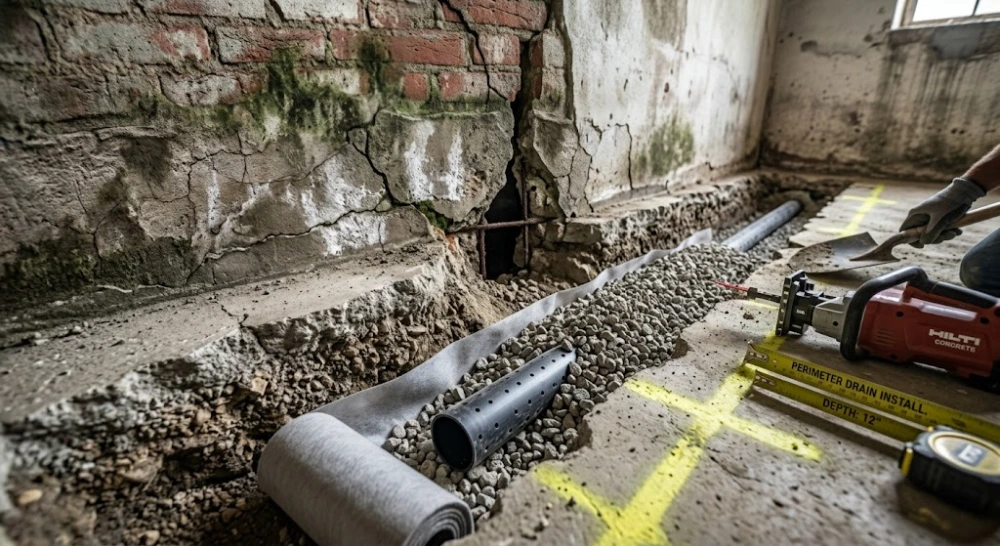 Interior perimeter French drain installed along a basement floor