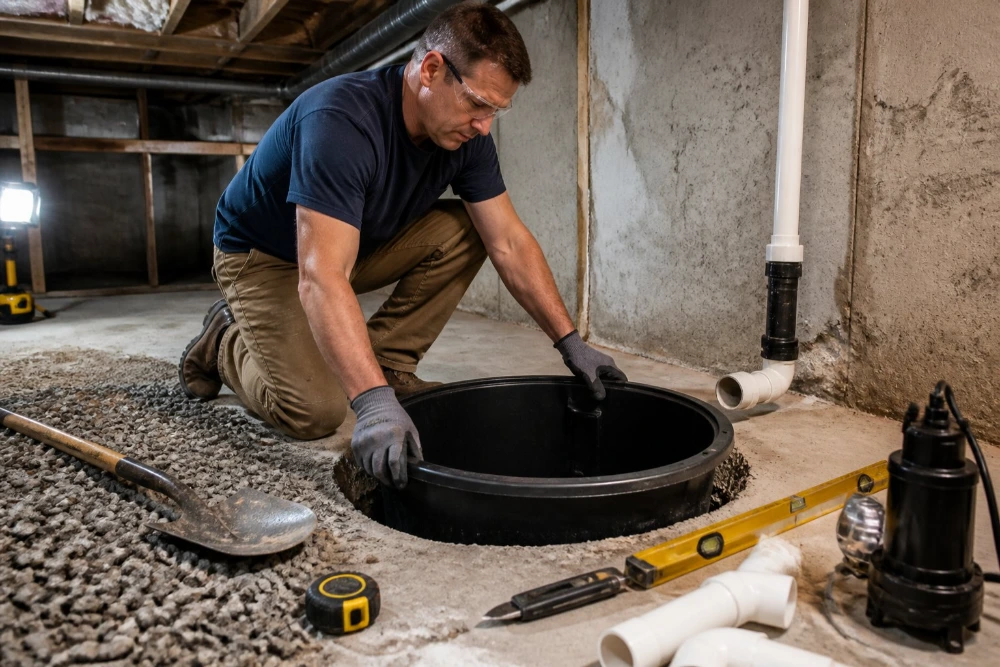 Sump pump basin being installed in Cherry Hill basement