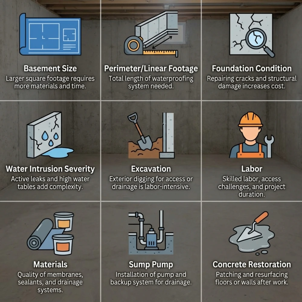 Factors affecting basement waterproofing cost