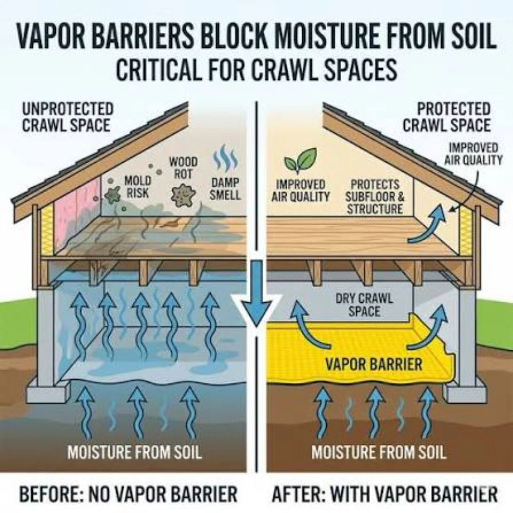 Diagram showing what crawl space encapsulation is, including vapor barrier, sealed vents, and insulation