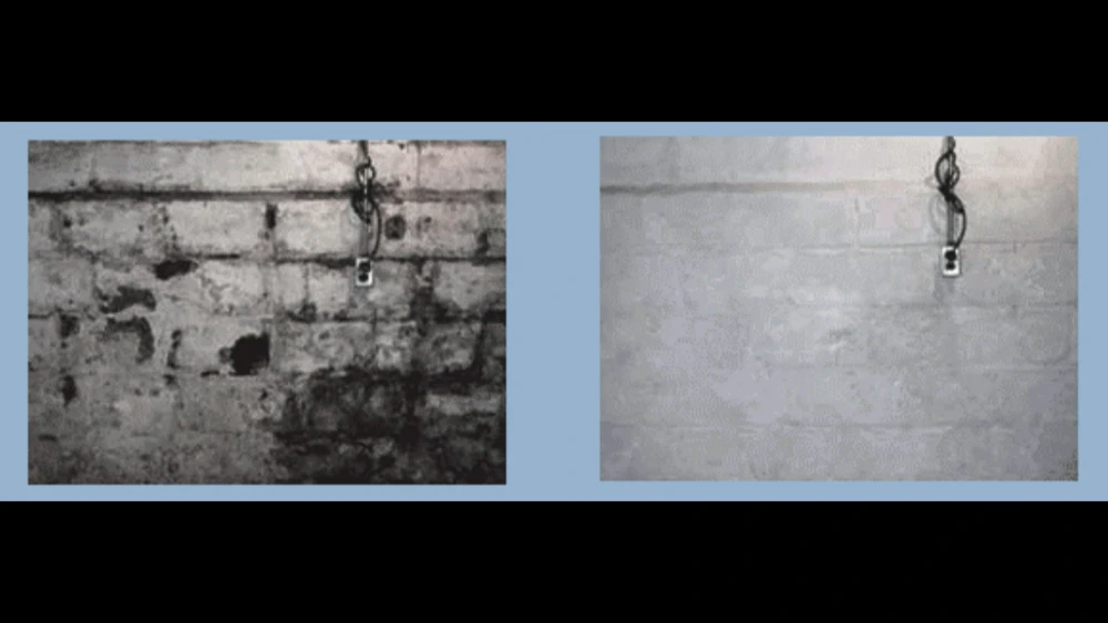 Before and after photos of a basement block wall cleaned of black mold staining