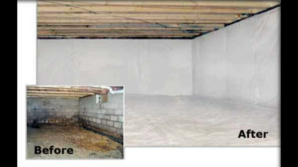 Before and after photos of a crawl space, from visible mold and debris to a fully encapsulated space