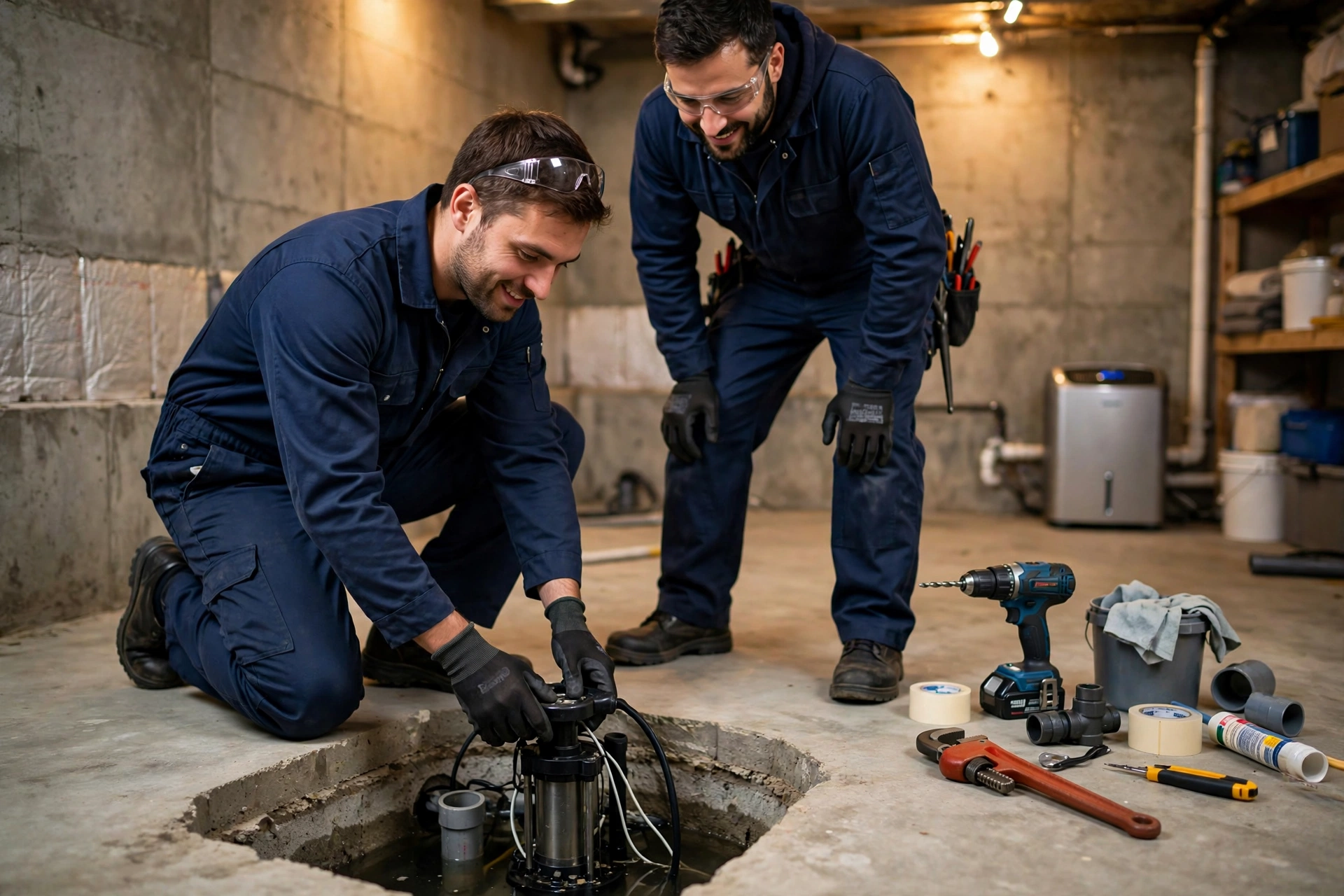 Waterproofing Cherry Hill technicians installing a sump pump in a Cherry Hill basement
